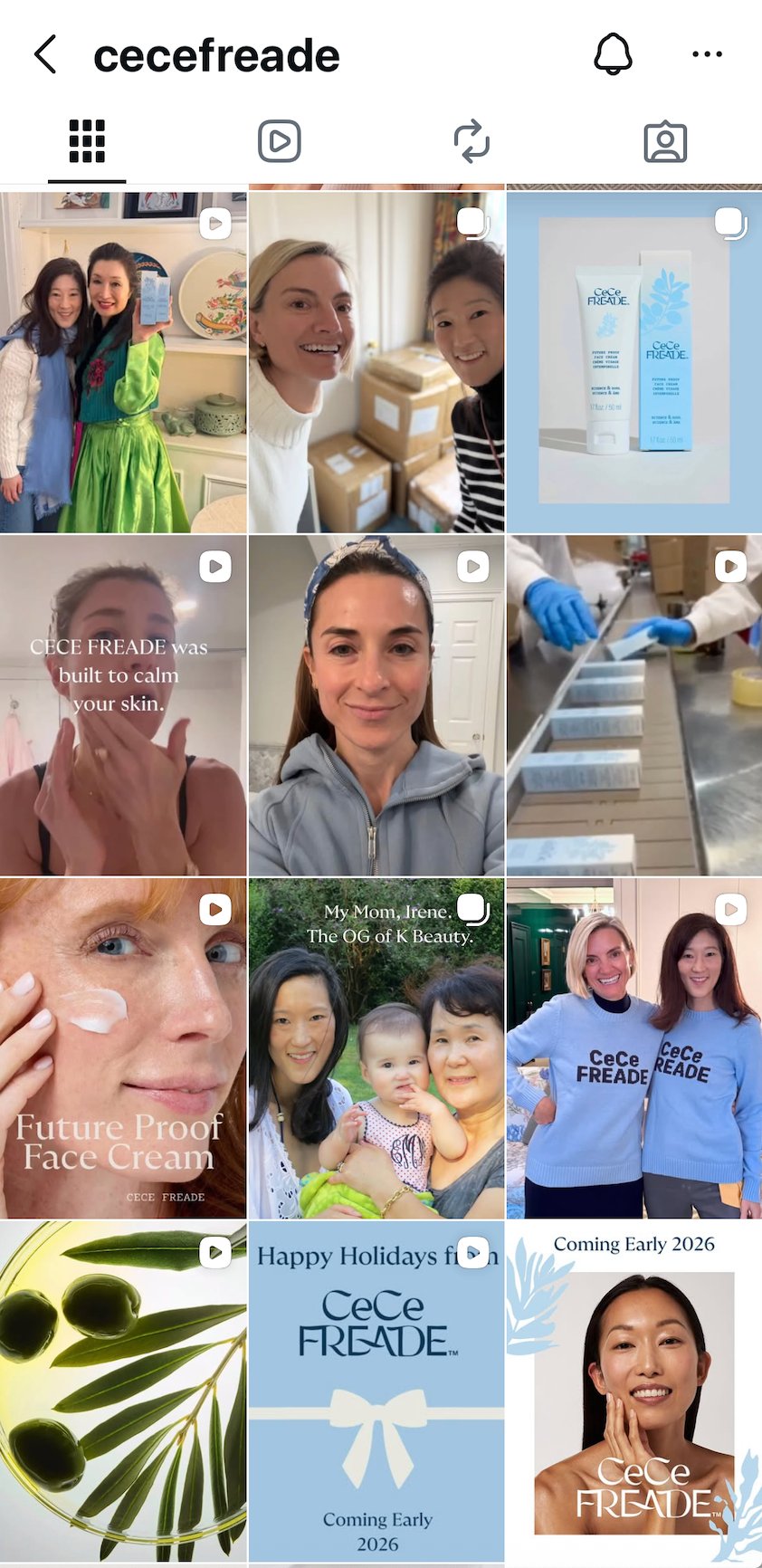 CeCe Freade Instagram grid showing brand identity, product launch posts, and content system